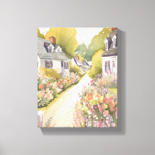 Wildflower Way Waterverf van kuststrandstad Canvas Afdruk