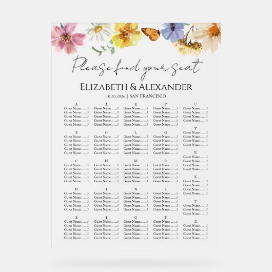 Wildflower Wedding Acryl Zitting Grafiek Acryl Bord (Voorkant)