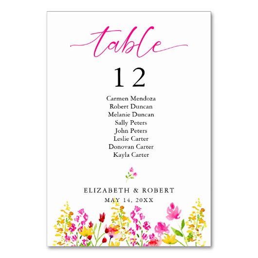 Wildflower Wedding Floral Seating Chart Script Kaart (Voorkant)