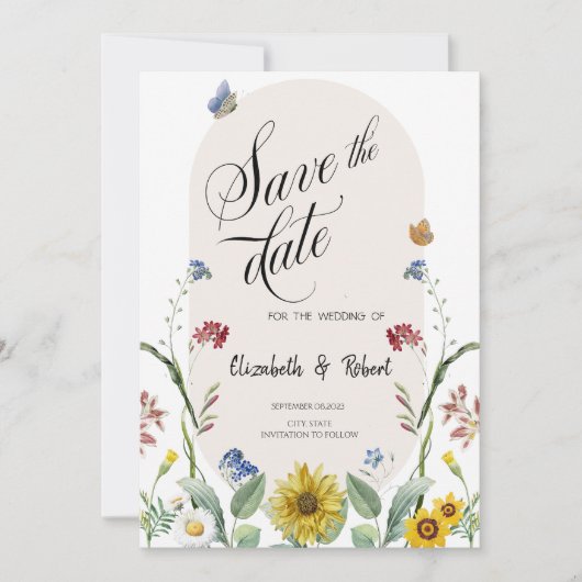 Wildflower zonnebloemvlinders slaan de datum op save the date (Voorkant)