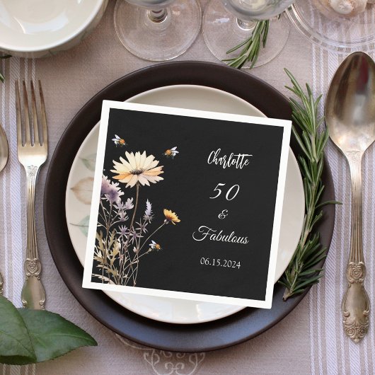 Wildflower zwart 50 fantastische verjaardag servet