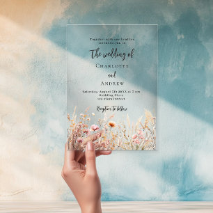 Wildflowers beige crème roze clear wedding acryl uitnodigingen