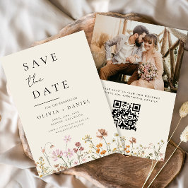 Wildflowers Beige Foto QR Code Bewaar de datum Save The Date