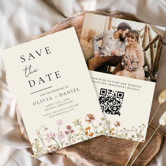 Wildflowers Beige Foto QR Code Bewaar de datum Save The Date