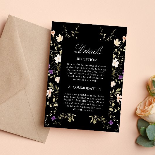 Wildflowers Black Wedding Details Behuizing Kaart
