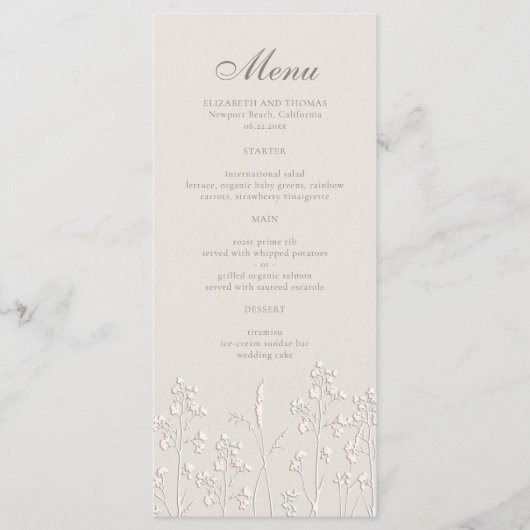 Wildflowers Ecru Faux Embossed formele bruiloft Menu (Voorkant)