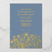 Wildflowers Elegant Dusty Blauw en Goud Trouwen Folie Uitnodiging (Voorkant)