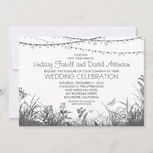 Wildflowers en String Lights bruiloft uitnodiging (Voorkant)