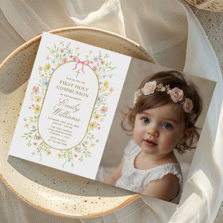 Wildflowers Gold Cross First Communion Photo Kaart