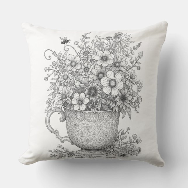 Wildflowers & Honey Bee Ink Sketch Throw Pillow Kussen (Voorkant)