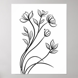 Wildflowers Line Art Zwart-wit Botanisch Poster
