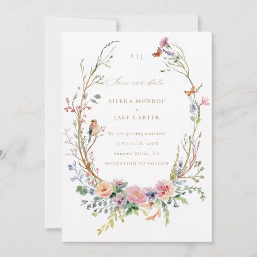 Wildflowers Magische Tuin Foto Huwelijk Save Datum Kaart (Voorkant)