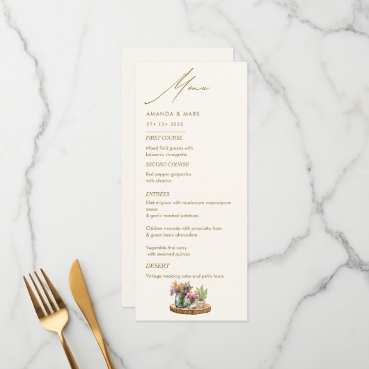 Wildflowers Mason Jar Boho bohemian Wedding Menu (Voorkant / Achterkant in situ)