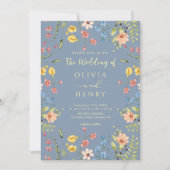 Wildflowers Modern Dusty Blue QR Code Wedding Kaart (Voorkant)