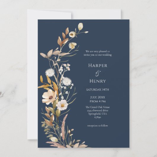 Wildflowers Navy Blue Boho Botanical Wedding Kaart (Voorkant)