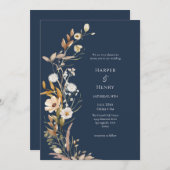 Wildflowers Navy Blue Boho Botanical Wedding Kaart (Voorkant / Achterkant)