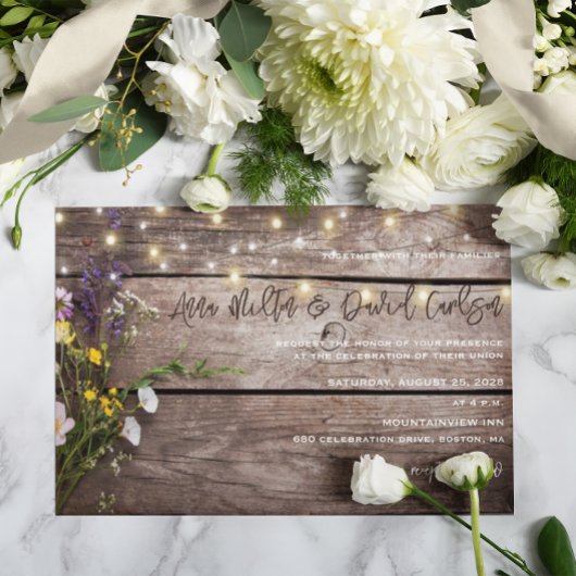 Wildflowers on Wood String Lights Rustic Wedding Kaart