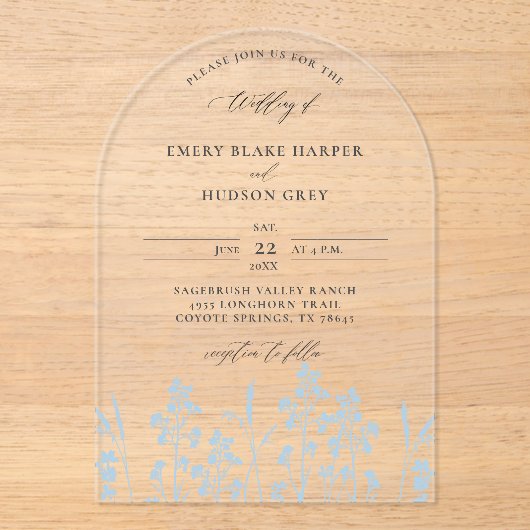 Wildflowers Peri Blue Modern Arch Clear Wedding Acryl Uitnodigingen (Voorkant)
