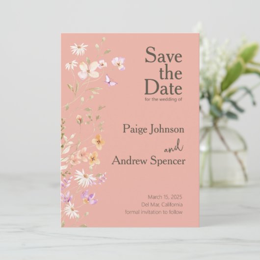 Wildflowers Pinks Wedding Save the Date Kaart (Staand voorkant)