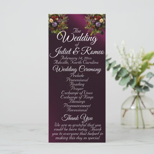 Wildflowers & Ribbon - Paarse bruiloft Programma (Staand voorkant)