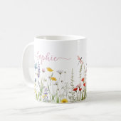 Wildflowers Roze Aangepaste script naam Koffiemok (Voorkant links)