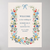 Wildflowers Rustic Blue Bow Wedding Welkom Poster (Voorkant)