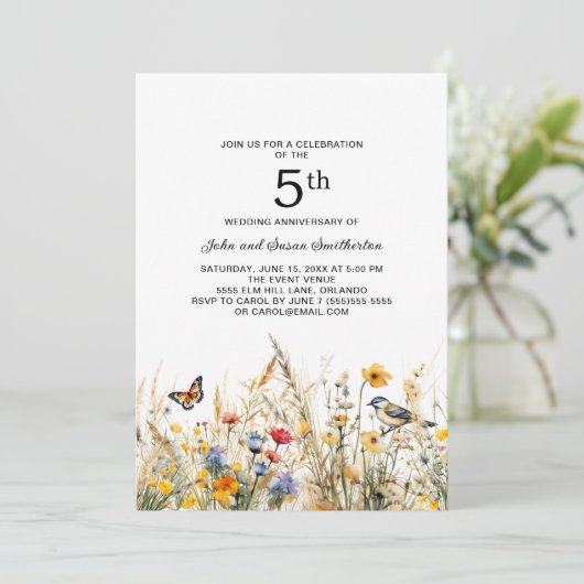 Wildflowers Vogels Vlinders 5e Jubileum Kaart (Staand voorkant)
