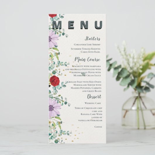 Wildflowers Waterverf Floral Wedding Party Menu (Staand voorkant)