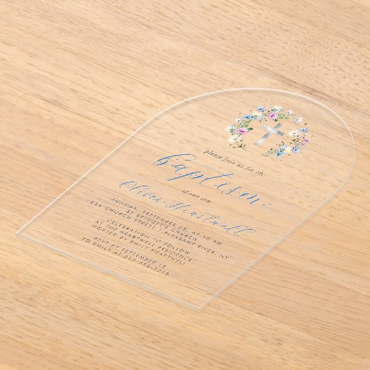 Wildflowers Zilver Kruis Blauw Script Boy Doop Acryl Uitnodigingen (Laagn)