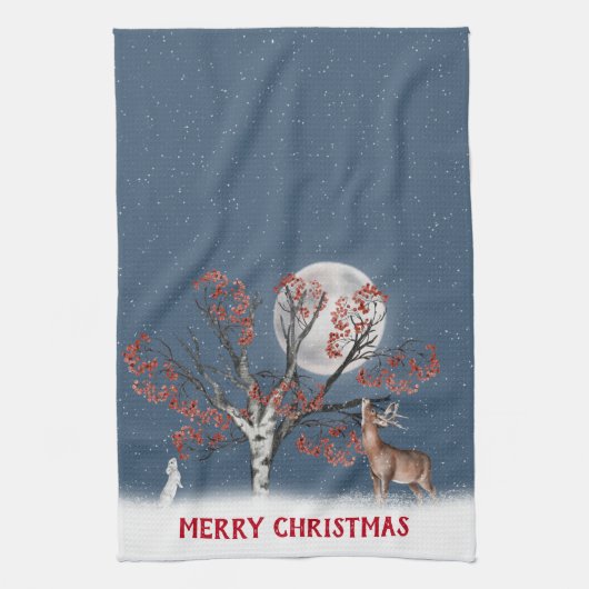 Wildlife en moon van de kerstwinter theedoek (Verticaal)