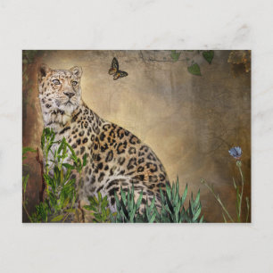 Wildlife Leopard en Butterfly Digitale Schilderij Briefkaart