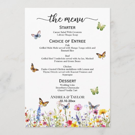 Wildlowers Butterflies Elegant 5x7'' Trouwmenu Menu (Voorkant)