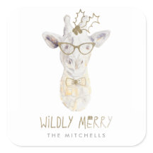 Wildly Merry Giraffe Holiday Gift Label Sticker