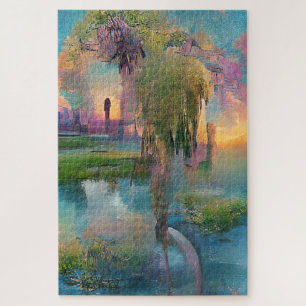 Wilg en wisteria door de vijver bij zonsondergang legpuzzel