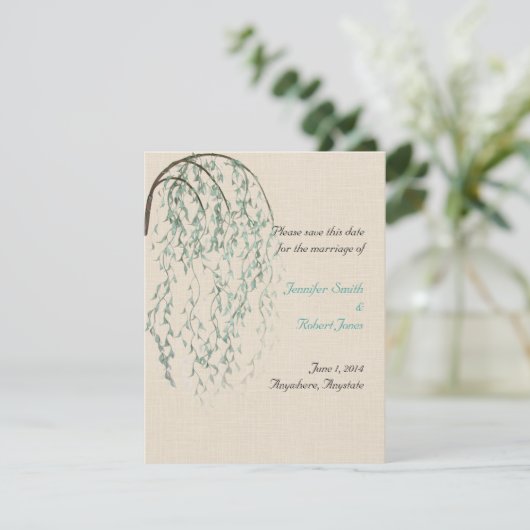 Wilgen tak op linnen Save the Date Kaart (Staand voorkant)