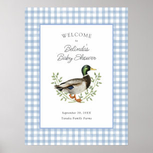 Wilkende Eend Blauw Geruit Baby Shower Welkom Poster
