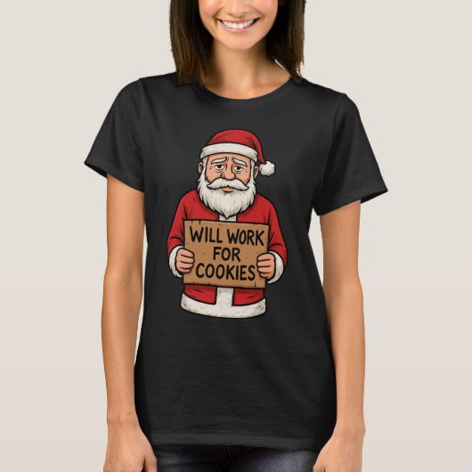 Will Work for Cookies – Cute Funny Santa Christmas T-shirt (Voorkant)
