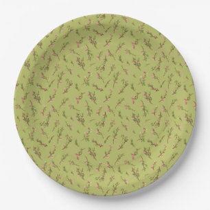 Willekeurig gestrooide bloemen op chartreuse groen papieren bordje