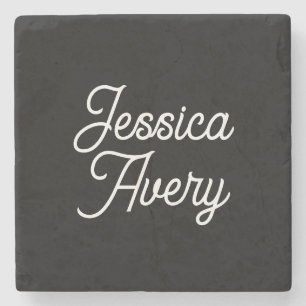 Willekeurige naam   Elegant  wit script op zwart Stenen Onderzetter
