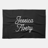 Willekeurige naam | Elegant wit script op zwart Theedoek (Horizontaal)