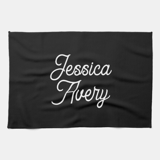 Willekeurige naam | Elegant wit script op zwart Theedoek (Horizontaal)