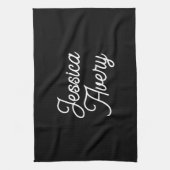 Willekeurige naam | Elegant wit script op zwart Theedoek (Verticaal)