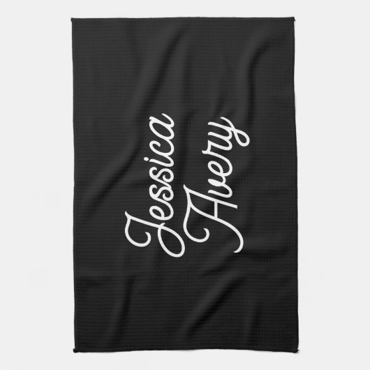 Willekeurige naam | Elegant  wit script op zwart Theedoek (Verticaal)