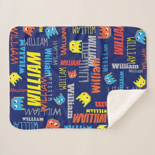 William aangepaste naam pixel gaming blauw grafisc sherpa deken (Voorkant (horizontaal))