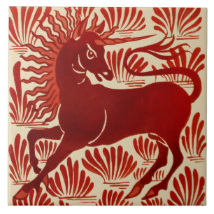 William De Morgan Repro Red Unicorn Tegeltje