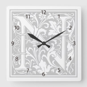 William Morris Alphabet "N" Square Wall Clock Vierkante Klok