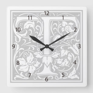 William Morris Alphabet "T" Square Wall Clock Vierkante Klok