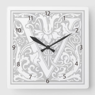 William Morris Alphabet "V" Square Wall Clock Vierkante Klok