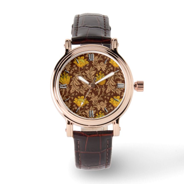 William Morris Anemone, Brown en Mustard Gold Horloge (Voorkant)