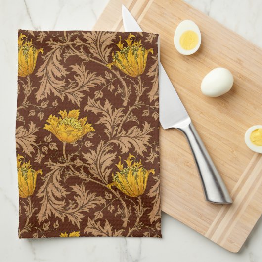 William Morris Anemone, Brown en Mustard Gold Theedoek (Quarter Fold)